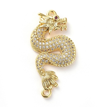 Brass Micro Pave Cubic Zirconia Links connectors, Dragon, Clear, Golden, 33x15.5x3mm, Hole: 1.6mm