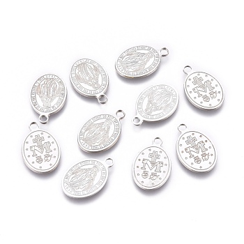 304 Stainless Steel Charms, Laser Cut, Oval, Miraculous Medal, Stainless Steel Color, 13.5x8.5x0.6mm, Hole: 1.5mm