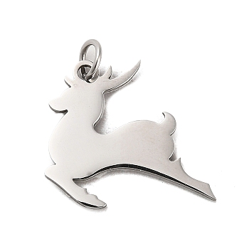 Christmas 304 Stainless Steel Pendants, with Jump Ring, Deer Charm, Stainless Steel Color, 18x20x1mm, Hole: 3.4mm
