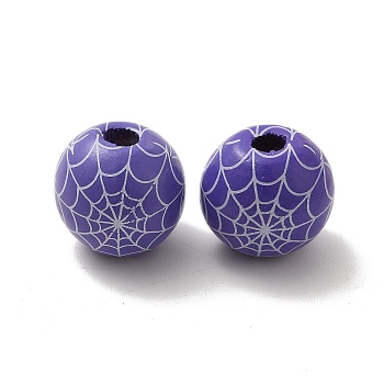 Halloween Printed Spider Webs Colored Wood European Beads, Large Hole Beads, Round, Purple, 16mm, Hole: 4mm