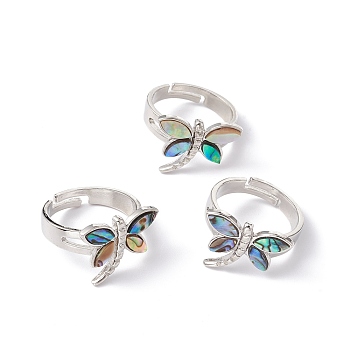 Natural Paua Shell Adjustable Rings, Brass Jewelry for Women, Platinum, Cadmium Free & Lead Free, Dragonfly Pattern, Ring Surface: 19x15mm, US Size 7 3/4(17.9mm)