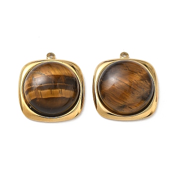 Natural Tiger Eye Pendants, 304 Stainless Steel Bezeled Square Charms, Ion Plating(IP), Real 18K Gold Plated, 21.5x19x4.5~8mm, Hole: 1.4~1.6mm