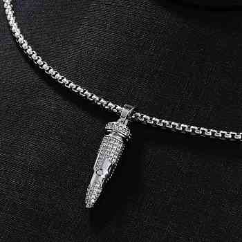 Fashionable Hip-hop Style Brass Full Crystal Rhinestone Bullet Shaped Pendant Box Chain Necklaces for Men, Platinum, 23.62 inch(60cm)