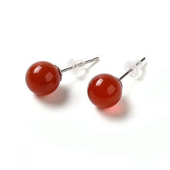 Natural Carnelian Stud Earrings, with Alloy Pins, Round, 20.5x8mm