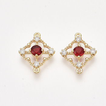 Brass Cubic Zirconia Links, Real 18K Gold Plated, Nickel Free, Rhombus, Red, 17x14x3mm, Hole: 1mm, Diagonal Length: 17mm, Side Length: 10.5mm