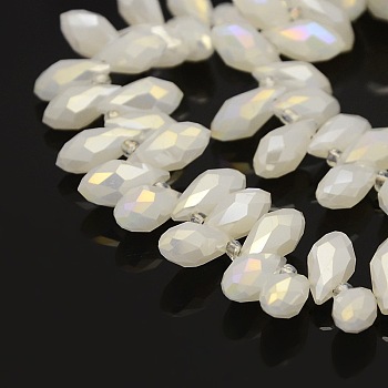 Faceted Teardrop Electroplate Glass Pendants Beads Strands, Top Drilled Beads, AB Color Plated, White, 12x6mm, Hole: 1mm, about 100pcs/strand, 15.5 inch
