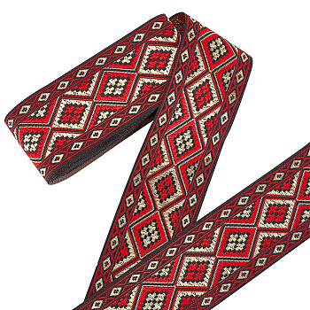 7M Ethnic Style Embroidery Polyester Ribbons, Jacquard Ribbon, Tyrolean Ribbon, Garment Accessories, Rhombus Pattern, Dark Red, 2 inch(50mm), about 7.66 Yards(7m)/pc