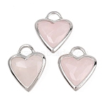 Natural Rose Quartz Faceted Pendants, Brass Bezeled Gemstone Heart Charms, Platinum, 22x18.5~19x7mm, Hole: 5x4mm(G-Z154-01P-06)