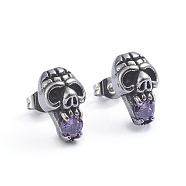 Retro 304 Stainless Steel Stud Earrings, with Cubic Zirconia and Ear Nuts, Skull, Antique Silver, 14x9mm, Pin: 0.6mm(EJEW-L248-049AS)