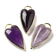 Natural Amethyst Pendants, Rack Plating Brass Heart Charms, Golden, 38x19x7.3~7.8mm, Hole: 4.7x6.5mm(G-K347-01G-03)