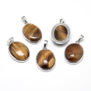 Oval Platinum Plated Brass Natural Tiger Eye Pendants, Cadmium Free & Lead Free, 31x20x7.5mm, Hole: 5x8mm(G-F228-15H-RS)