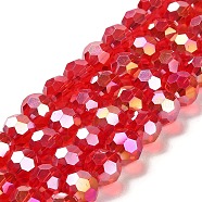 Transparent Glass Beads, 32 Facets, AB Color Plated, Round, Red, 10x8.5~9mm, Hole: 1.6mm, about 67pcs/strand, 23.62''(60cm)(EGLA-A035-T10mm-B01)
