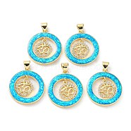 Rack Plating Brass Micro Pave Cubic Zirconia Chakra Pendants, Synthetic Opal Flat Round Charms with Snap on Bail, Cadmium Free & Lead Free, Long-Lasting Plated, Real 18K Gold Plated, Cyan, 24x21x2.5mm, Hole: 5x3.2mm(KK-C041-23G)