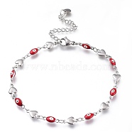 304 Stainless Steel Link Bracelets, with Enamel and Lobster Claw Clasps, Evil Eye & Heart, Stainless Steel Color, Red, 8-1/4 inch(21cm), Eye: 10x4x3.5mm(BJEW-M203-05P-C)