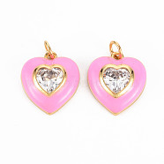 Brass Enamel Pendants, with Clear Cubic Zirconia and Jump Ring, Nickel Free, Real 16K Gold Plated, Heart, Pearl Pink, 17.5x15.5x4.5mm, Hole: 3.5mm(KK-T013-15E-NF)