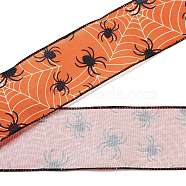 5 Yards Halloween Printed Polyester Wired Ribbon, for Garment Accessories, Gift Decoration, Spider, 2-1/2 inch(63mm), about 5.00 Yards(4.57m)/Roll(OCOR-K009-02C)