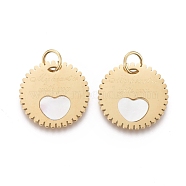 Valentine's Day 316 Surgical Stainless Steel Pendants, with Shell and Jump Ring, Flat Round with Word My Heart is with You, Golden, 15x1mm, Jump Ring: 5x0.6mm, 3.8mm Inner Diameter.(STAS-H100-31G)