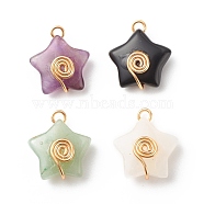 Natural Mixed Stone Pendants, Star Charm, with Golden Copper Wire Wrapped, 23~24x21x8~9mm, Hole: 3mm(PALLOY-JF01709)