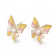 Brass Enamel Stud Earring Findings, Loop and ABS Plastic Imitation Pearl, Nickel Free, Real 18K Gold Plated, Butterfly, 15.5x16mm, Hole: 1mm, Pin: 0.8mm(KK-T051-45G-NF)