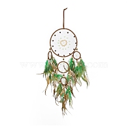Iron Woven Web/Net with Feather Pendant Decorations, with Plastic and Wood Beads, Covered with Leather Cord, Flat Round, Colorful, 650mm(AJEW-B017-10)