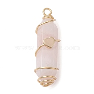 Natural Rose Quartz Copper Wire Wrapped Pointed Pendants, Faceted Bullet Charms with Golden Tone Brass Heart Beads, 34.5~37x10.5x12mm, Hole: 2.7mm(PALLOY-JF02462-01)