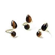 Natural Tiger Eye Teardrop Open Cuff Ring, Brass Jewelry for Women, Light Gold, Cadmium Free & Lead Free, US Size 9(18.9mm)(G-D468-11LG-01)