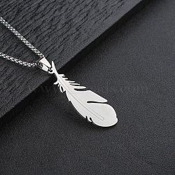 304 Stainless Steel Feather Pendant Box Chain Necklaces for Men, Stainless Steel Color, 23.62 inch(60cm)(WGE9FDE-01)