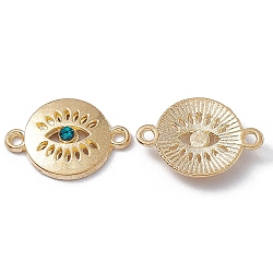 Alloy Connector Charms, with Rhinestones, Flat Round Links with Eye, Golden, Blue Zircon, 13x19x3mm, Hole: 1.4mm(FIND-A024-11G-04)