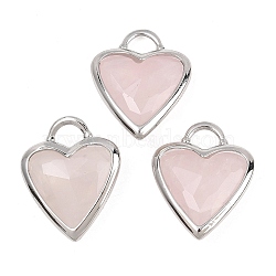 Natural Rose Quartz Faceted Pendants, Brass Bezeled Gemstone Heart Charms, Platinum, 22x18.5~19x7mm, Hole: 5x4mm(G-Z154-01P-06)