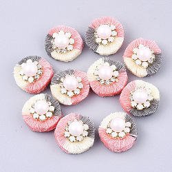 Polycotton(Polyester Cotton) Tassel Decoration Accessories, with Resin Imitation Pearl, Rhinestone and Iron Findings, Light Coral, 25~27x17.5~18.5mm(FIND-S302-09A)