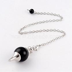 Natural Obsidian Sphere Dowsing Pendulums, with Platinum Tone Brass Cross Chain & Lobster Claw Clasps, 225~240mm(BJEW-E292-A04)