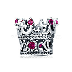 Hollow 925 Sterling Silver Cubic Zirconia European Style Beads, Large Hole Beads, Carved 925, Crown, Deep Pink, 10x12mm, Hole: 4~5mm(STER-FF0006-15AS)