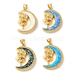 Rack Plating Brass Micro Pave Clear Cubic Zirconia Pendants, with Opal, Cadmium Free & Lead Free, Long-Lasting Plated, Real 18K Gold Plated, Flower, Moon, 24x17x4.5mm, Hole: 4.5x3.5mm(KK-P268-10A-G)