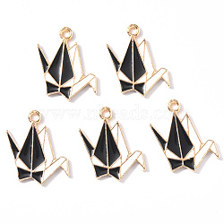 Alloy Enamel Pendants, Paper Crane, Light Gold, Black, 21x15x1.5mm, Hole: 1.8mm(ENAM-R058-02C)