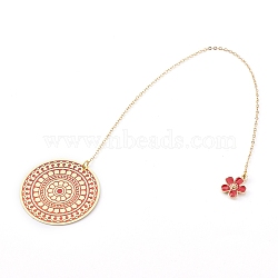 Flower Round Brass Enamel Pendants Bookmarks, with Brass Cable Chains and Zinc Alloy Enamel Flower Pendants, for Reader,Women,Kids,Students, Teachers,Friends and Book Lovers, Golden, 260mm(AJEW-JK00168)