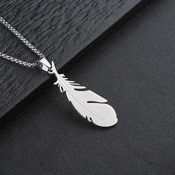 304 Stainless Steel Feather Pendant Box Chain Necklaces for Men, Stainless Steel Color, 23.62 inch(60cm)