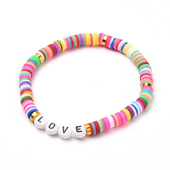 Polymer Clay Heishi Beads Stretch Bracelets, for Valentine's Day, with Acrylic Letter Beads and Brass Spacer Beads, Word Love, Colorful, Inner Diameter: 2-1/4 inch(5.7cm)
