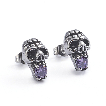 Retro 304 Stainless Steel Stud Earrings, with Cubic Zirconia and Ear Nuts, Skull, Antique Silver, 14x9mm, Pin: 0.6mm