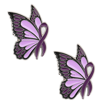 Butterfly with Ribbon Shape Enamel Pin, Platinum Alloy Awareness Brooch for Backpack Clothes, Purple, 30x21x1mm
