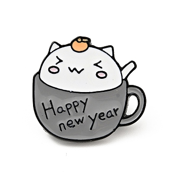 Coffee Cup Cat Enamel Pin, Word Happy New Year Alloy Badge for Backpack Clothes, Electrophoresis Black, Gray, 22.5x24.5x2mm