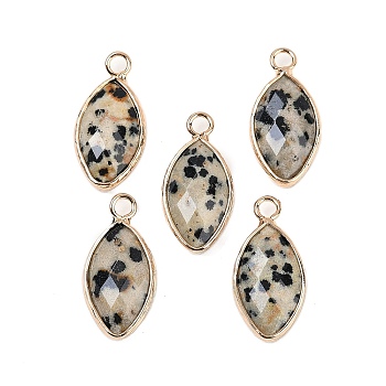 Natural Dalmatian Jasper Faceted Pendants, Brass Horse Eye Charms, Golden, 22.5x10.5x5~5.5mm, Hole: 2mm