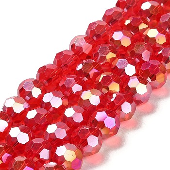 Transparent Glass Beads, Faceted, Round, Red, 10x8.5~9mm, Hole: 1.6mm, about 67pcs/strand, 23.62''(60cm)