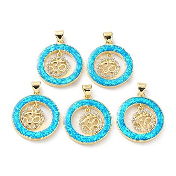 Rack Plating Brass Micro Pave Cubic Zirconia Chakra Pendants, Synthetic Opal Flat Round Charms with Snap on Bail, Cadmium Free & Lead Free, Long-Lasting Plated, Real 18K Gold Plated, Cyan, 24x21x2.5mm, Hole: 5x3.2mm