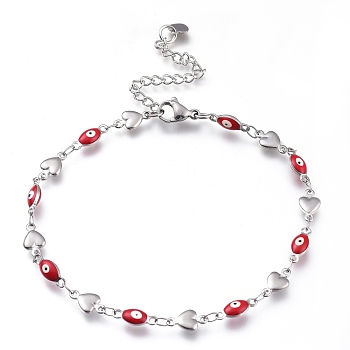 304 Stainless Steel Link Bracelets, with Enamel and Lobster Claw Clasps, Evil Eye & Heart, Stainless Steel Color, Red, 8-1/4 inch(21cm), Eye: 10x4x3.5mm
