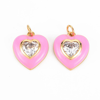 Brass Enamel Pendants, with Clear Cubic Zirconia and Jump Ring, Nickel Free, Real 16K Gold Plated, Heart, Pearl Pink, 17.5x15.5x4.5mm, Hole: 3.5mm