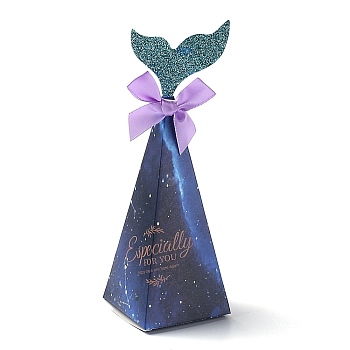 Mermaid Candboard Box, with Bowknot and Fishtail, Gift Wrapping Bags, for Presents Candies Cookies, Cone, Midnight Blue, 6x6x19cm