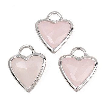 Natural Rose Quartz Faceted Pendants, Brass Bezeled Gemstone Heart Charms, Platinum, 22x18.5~19x7mm, Hole: 5x4mm