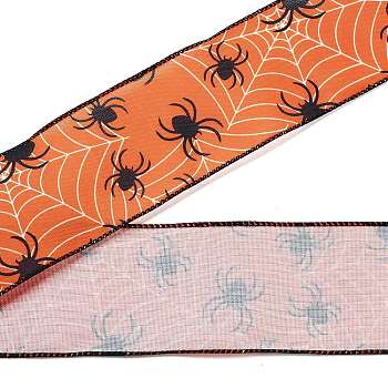 5 Yards Halloween Printed Polyester Wired Ribbon, for Garment Accessories, Gift Decoration, Spider, 2-1/2 inch(63mm), about 5.00 Yards(4.57m)/Roll