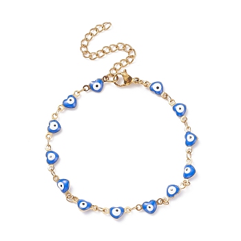 Enamel Heart with Evil Eye Link Chains Bracelet, Vacuum Plating 304 Stainless Steel Jewelry for Women, Golden, Blue, 6-7/8 inch(17.5cm)