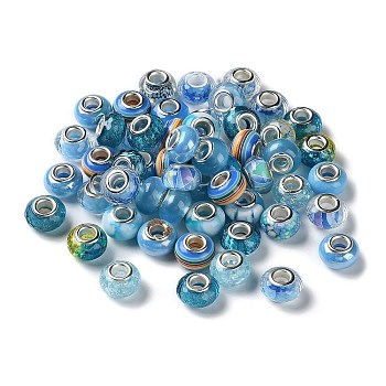 Resin European Beads, with Platinum Plated Brass Core, Rondelle, Light Sky Blue, 13.5x9mm, Hole: 5mm